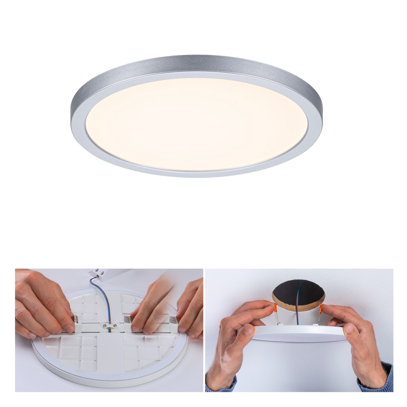 LED innbyggingspanel Areo rund krom dimbar nærbilde av lys