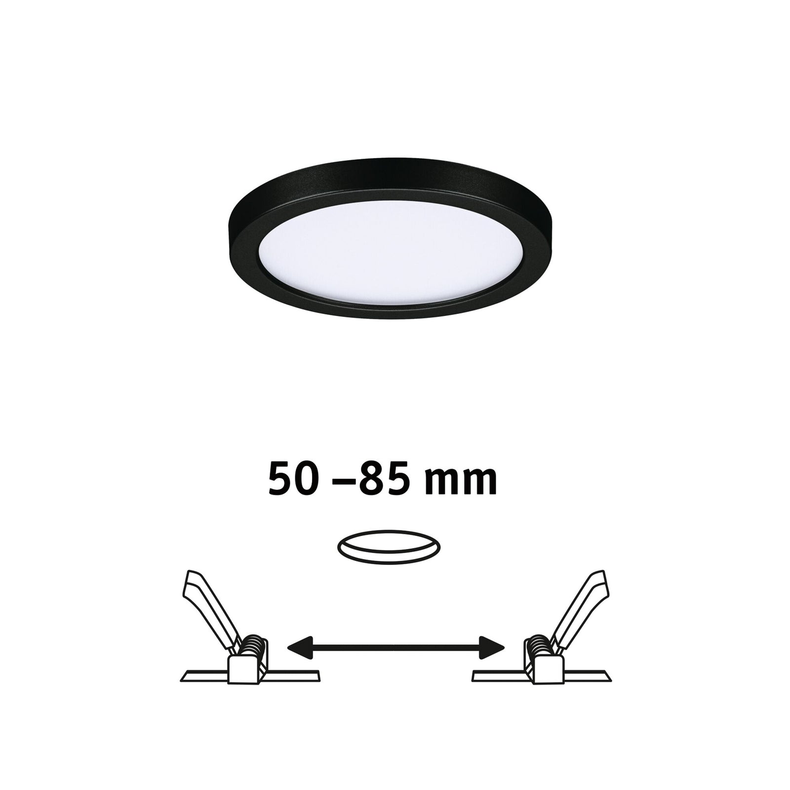 LED innbyggingspanel Areo rund svart Ø11,8 cm i baderomsmiljø