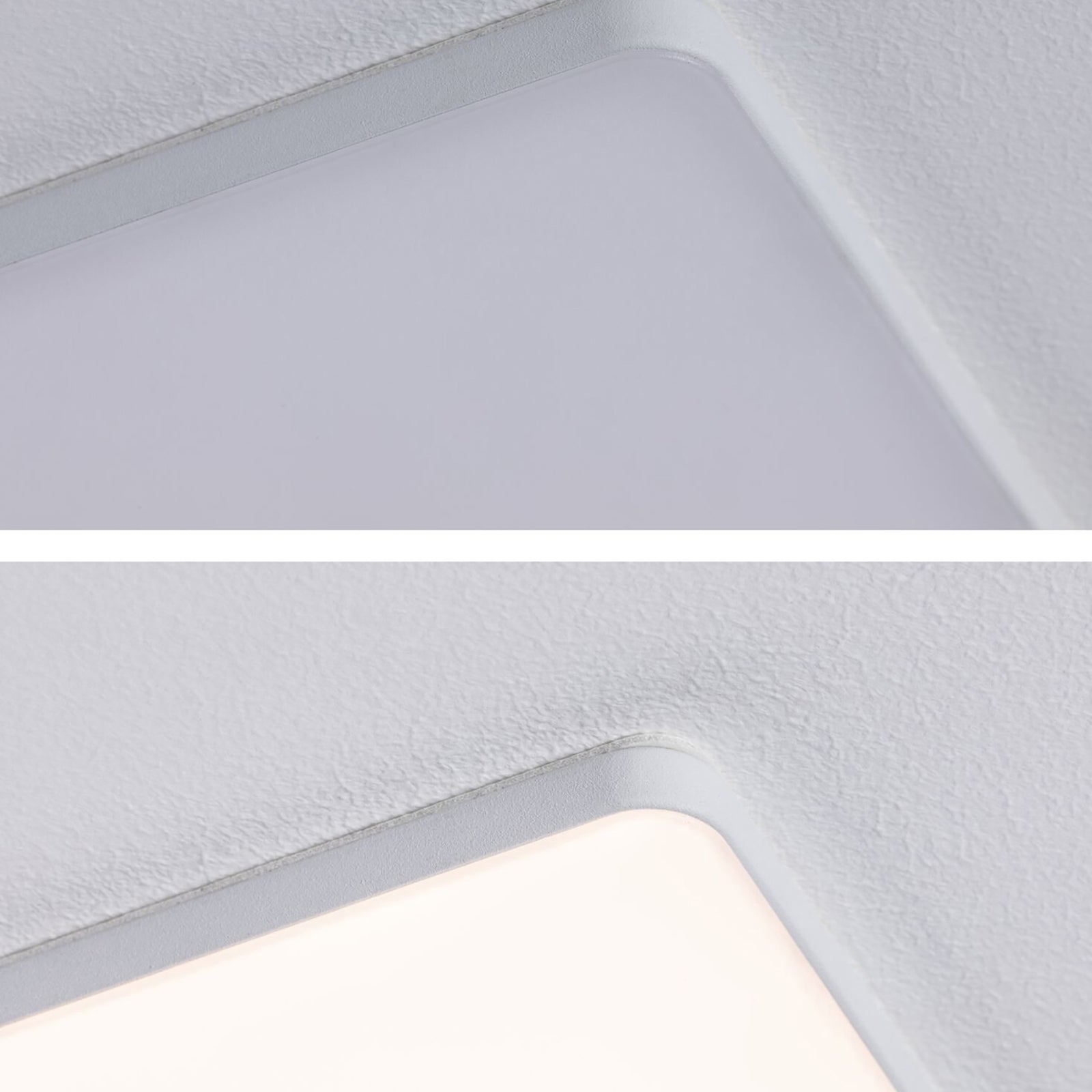 LED innbyggingspanel Veluna Edge kvadratisk dimbar 9x9 cm IP44 nærbilde av lysutslipp