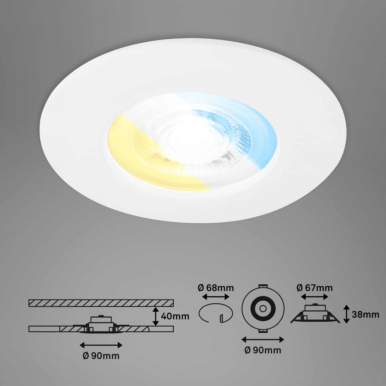 Detalj av LED innbyggingsspot 3-pack CCT hvit IP44 Ø9 cm 4,9W Briloner bryter