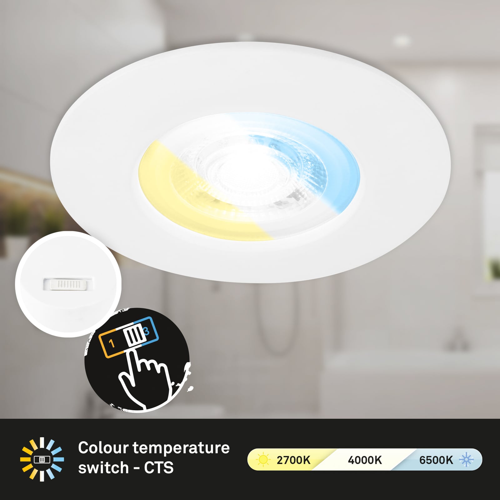 Nærbilde av LED innbyggingsspot 3-pack CCT hvit IP44 Ø9 cm 4,9W Briloner LED-lys