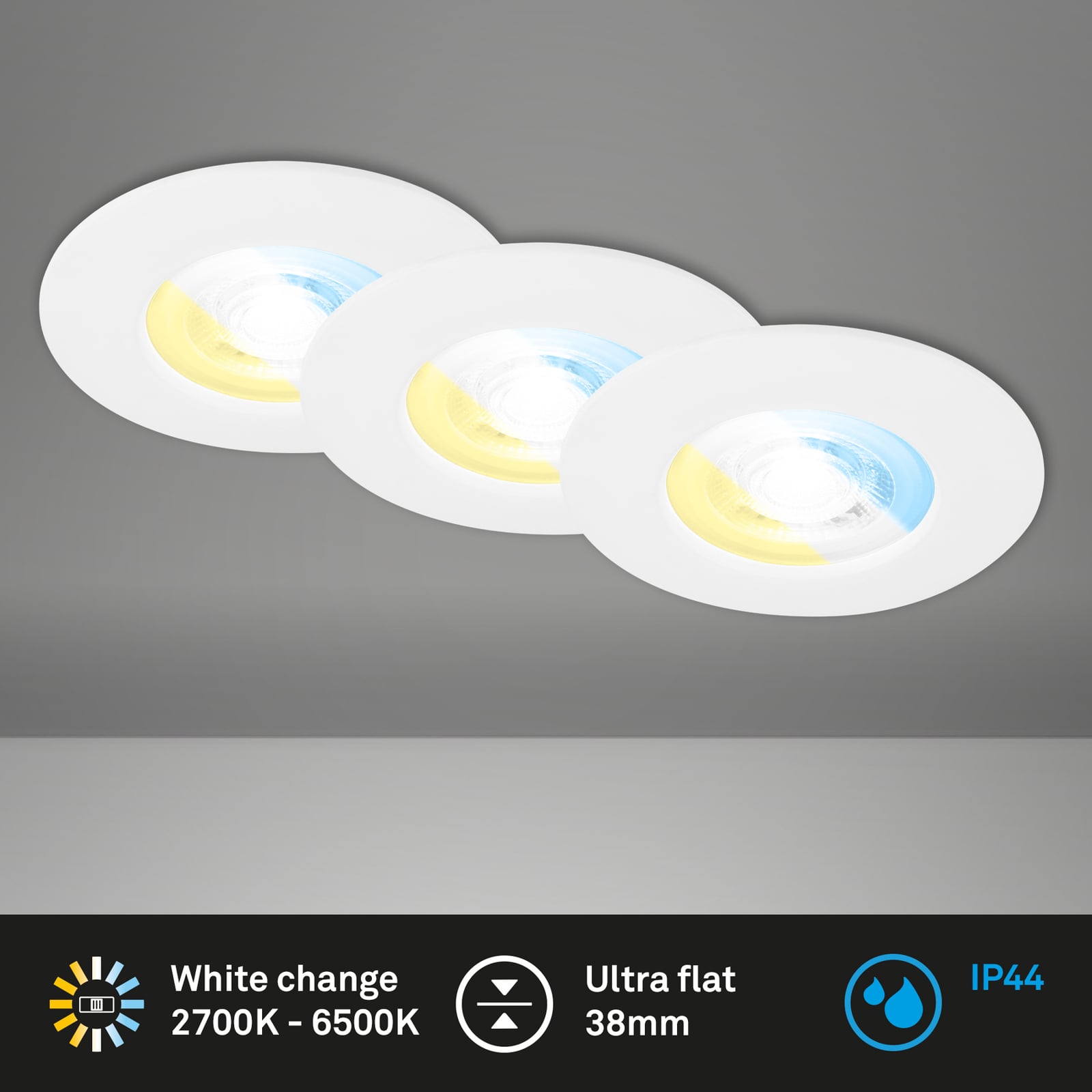 Sidebilde av LED innbyggingsspot 3-pack CCT hvit IP44 Ø9 cm 4,9W Briloner
