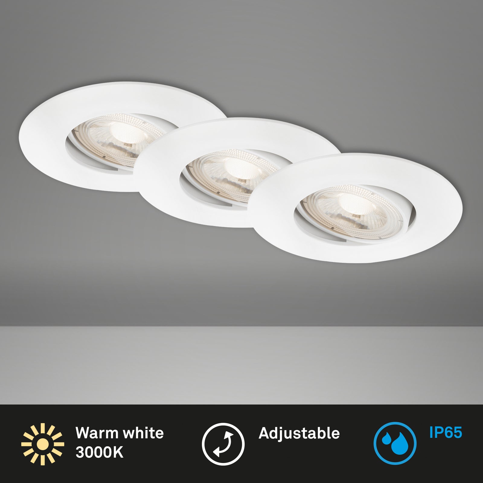 LED innbyggingsspot 3-pack dimbar hvit Ø9 cm 3000K IP65 montert i tak