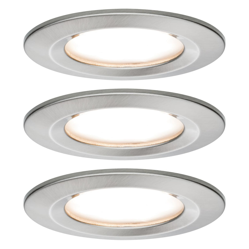LED innbyggingsspot 3-pack rund IP44 børstet stål Ø7,8 cm front