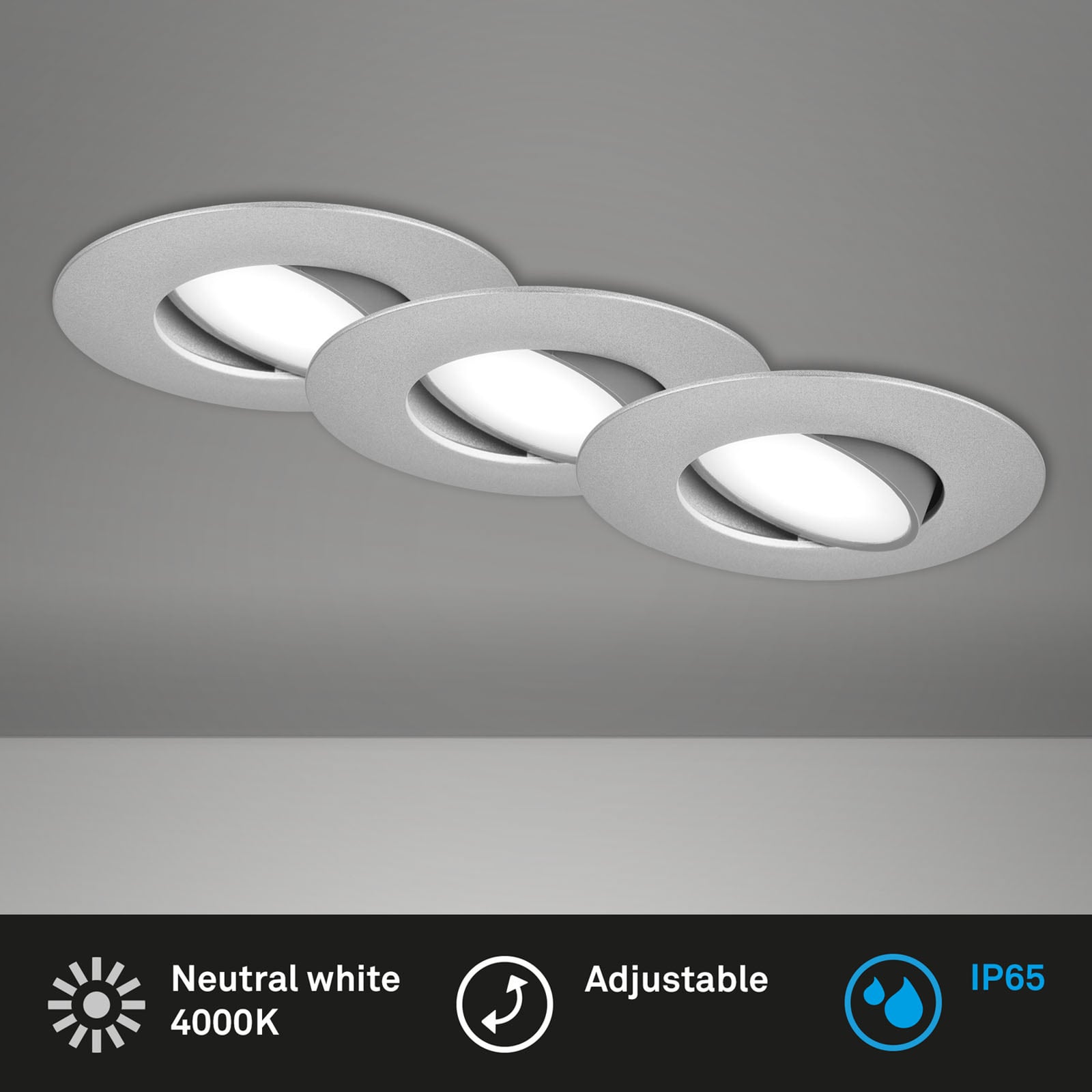 LED innbyggingsspot 3-pakning dimbar matt krom Ø9 cm IP65 lysdetalj