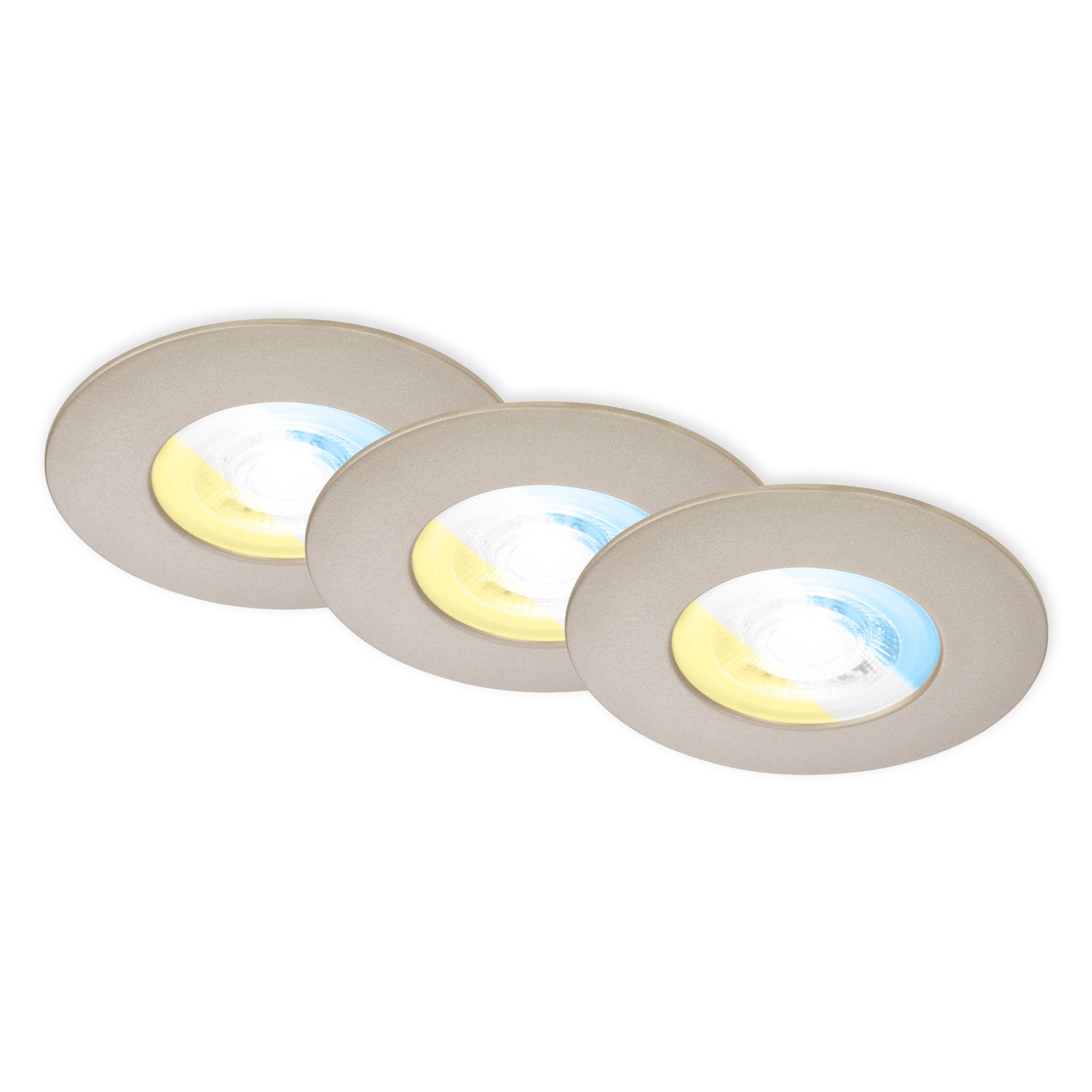 LED innbyggingsspot 3-pk CCT matt nikkel IP44 Ø9 cm sett forfra