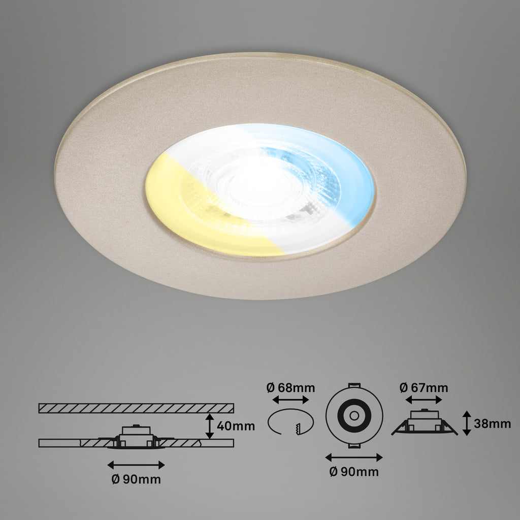 LED innbyggingsspot 3-pk CCT matt nikkel IP44 Ø9 cm detalj av lyskilde