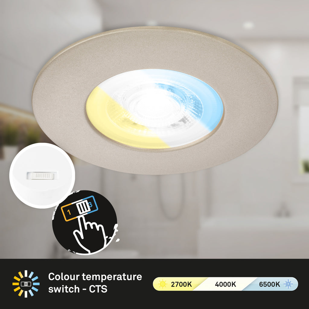 LED innbyggingsspot 3-pk CCT matt nikkel IP44 Ø9 cm nærbilde av finish