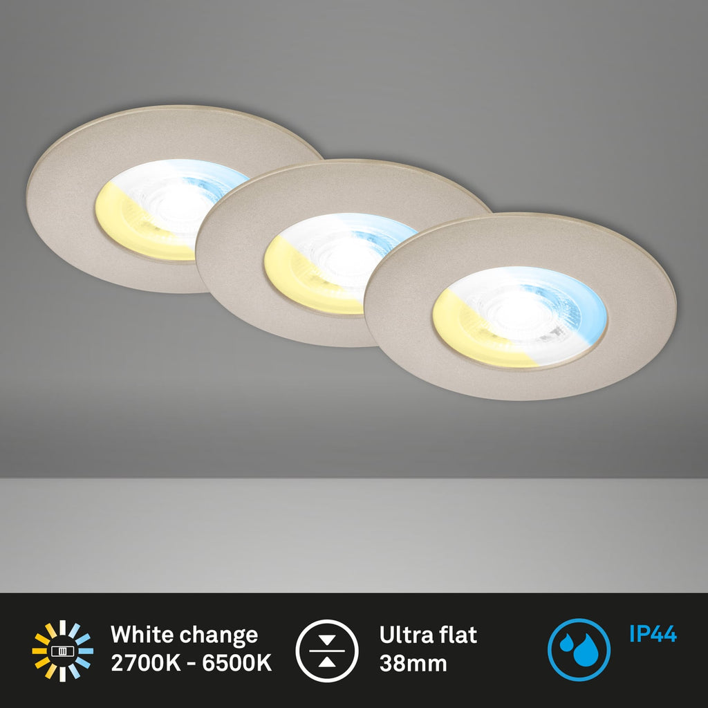 LED innbyggingsspot 3-pk CCT matt nikkel IP44 Ø9 cm sideprofil