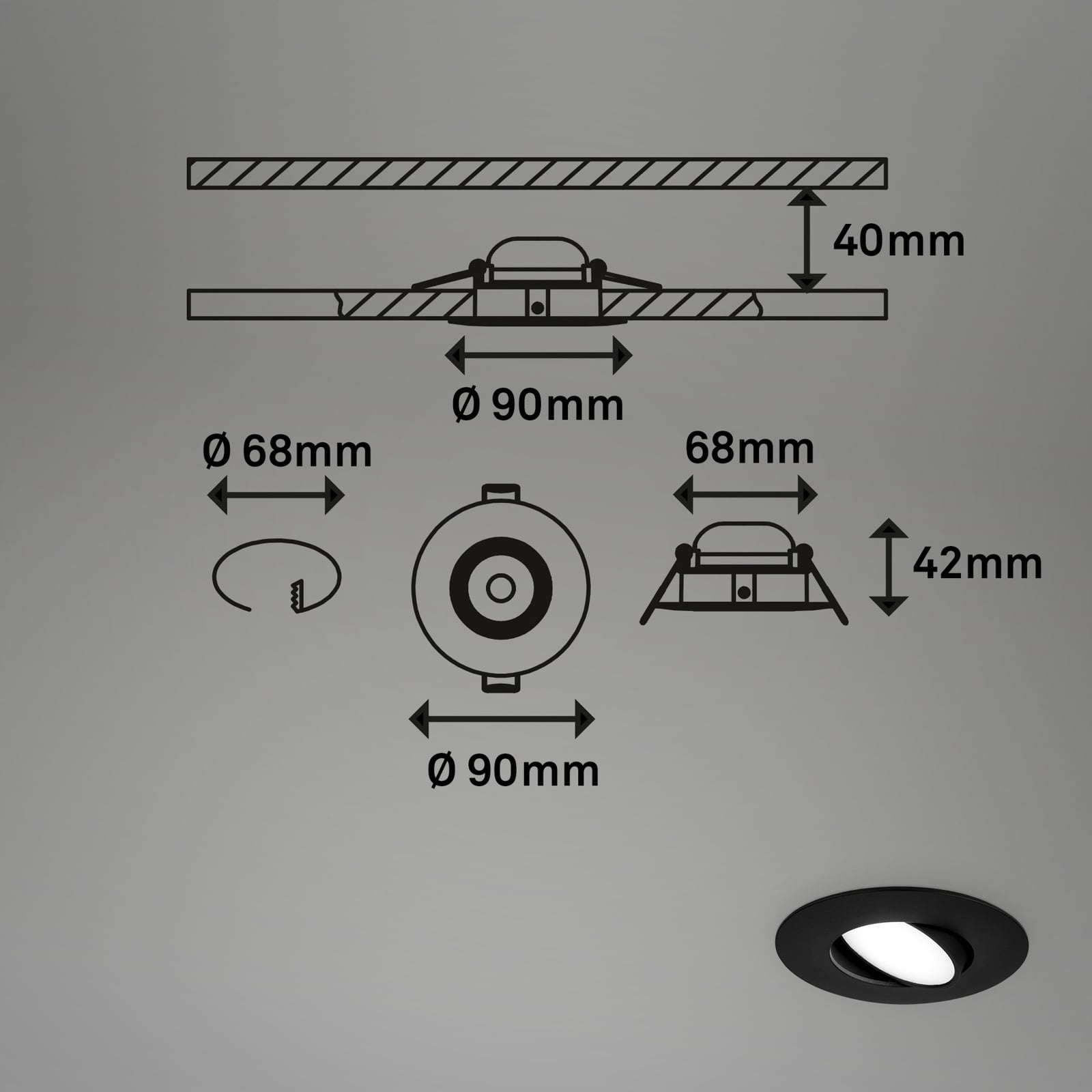 Detalj av LED innbyggingsspot 3-pk svart dimbar 4000K IP65 Ø9 cm