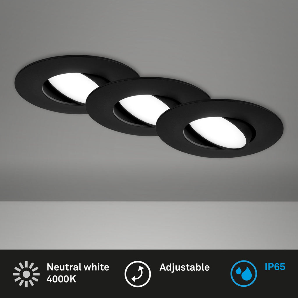 LED innbyggingsspot 3-pk svart dimbar 4000K IP65 Ø9 cm sett fra siden