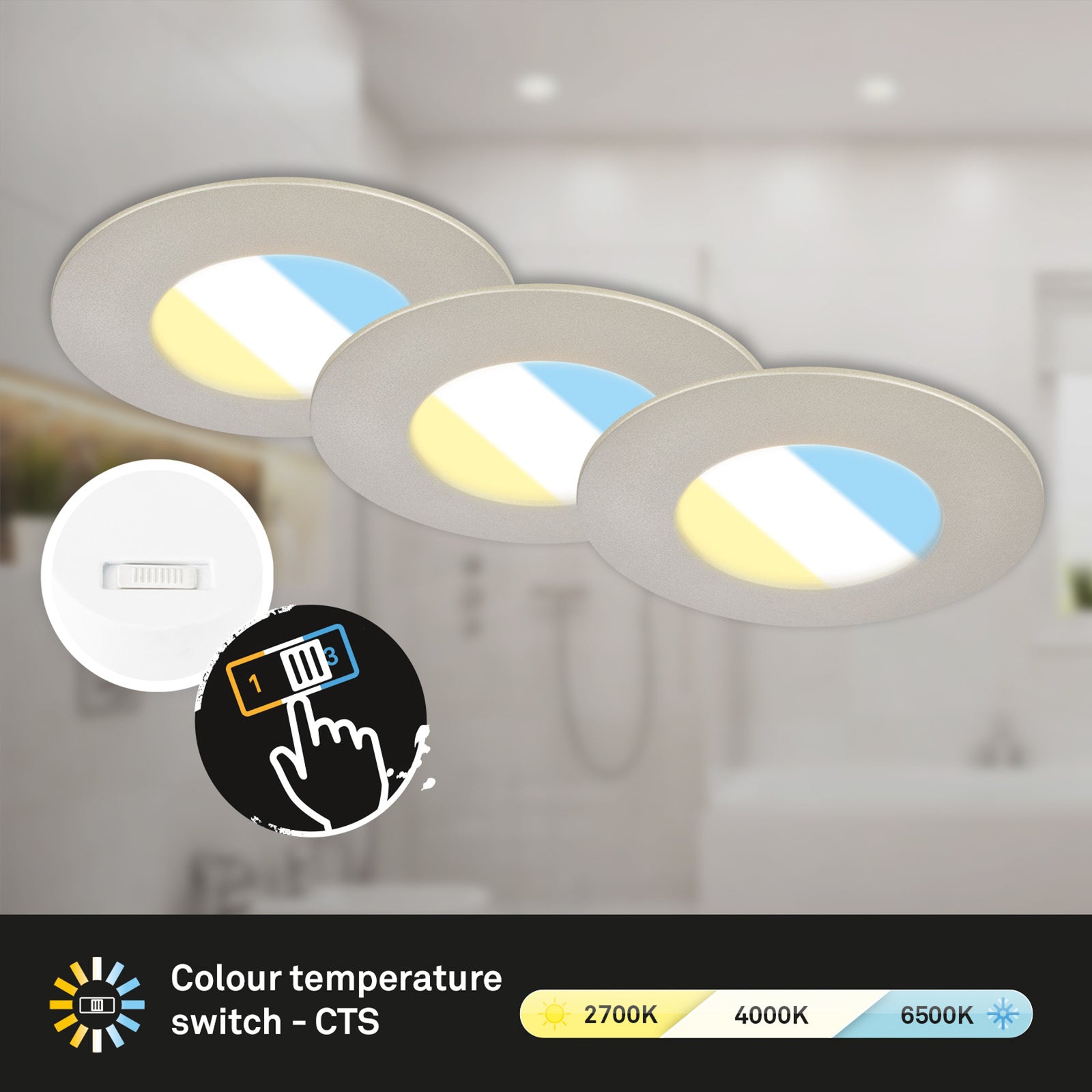 LED innbyggingsspot 3-sett CCT matt nikkel Ø9 cm 4,9W montert i tak