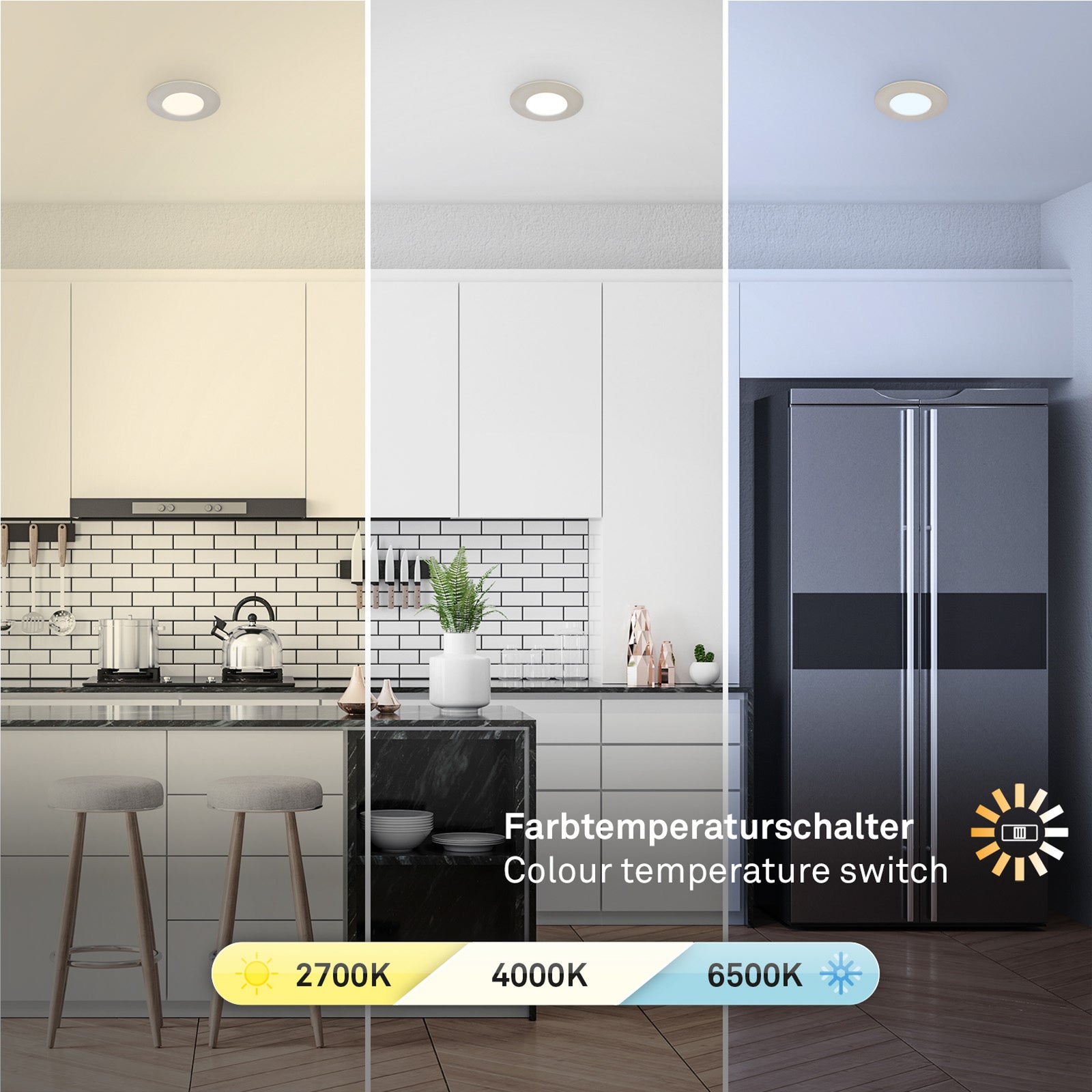 Nærbilde av LED innbyggingsspot 3-sett CCT matt nikkel Ø9 cm 4,9W lysfargebryter