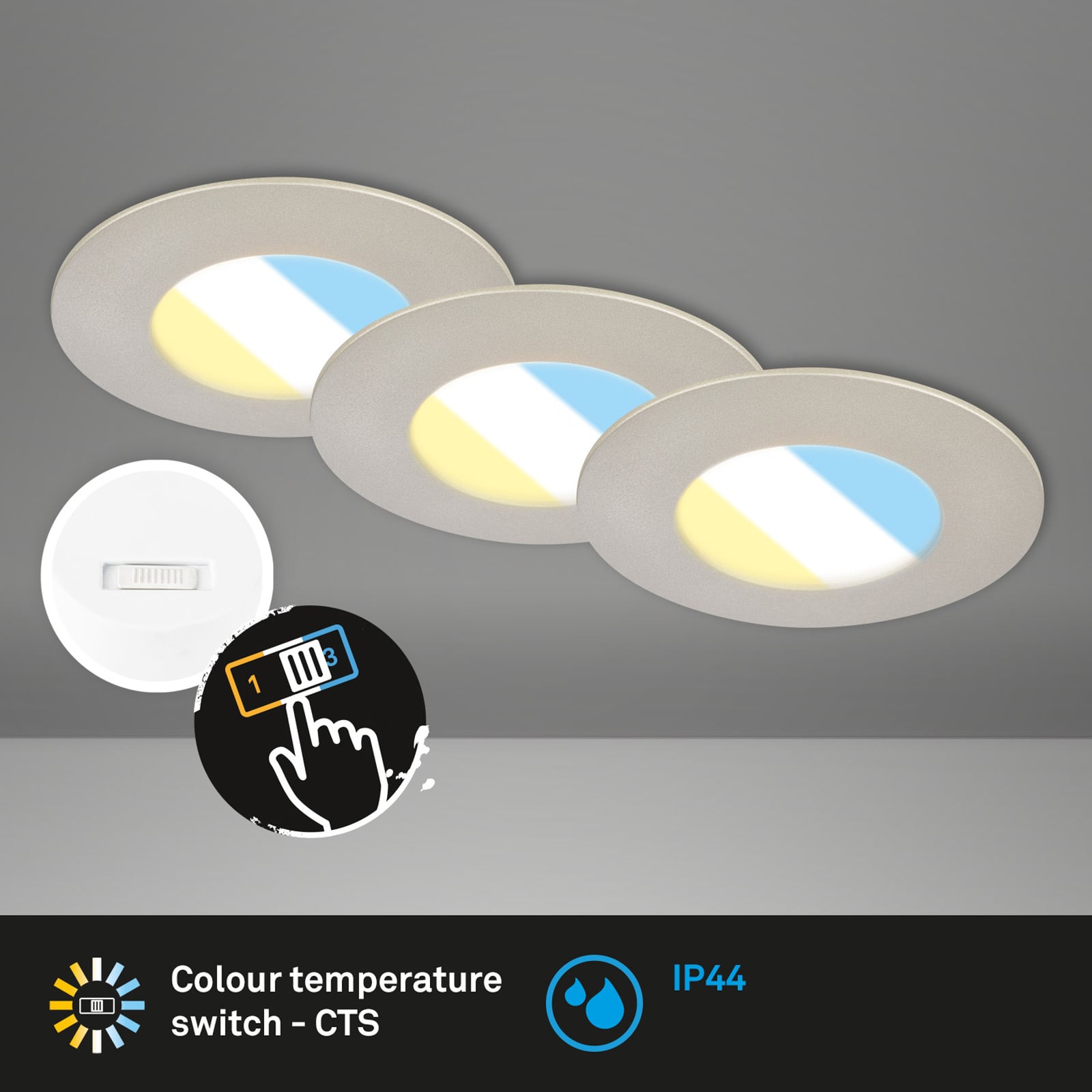 LED innbyggingsspot 3-sett CCT matt nikkel Ø9 cm 4,9W sett sammen
