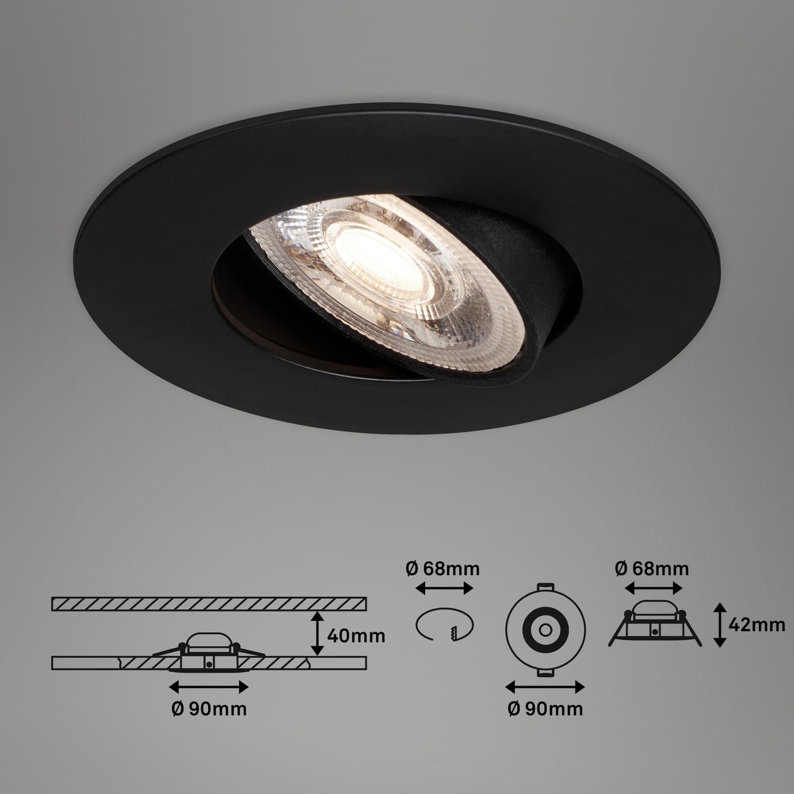 LED innbyggingsspot 7602 svart IP65 dimbar 3-pack 3000K detalj