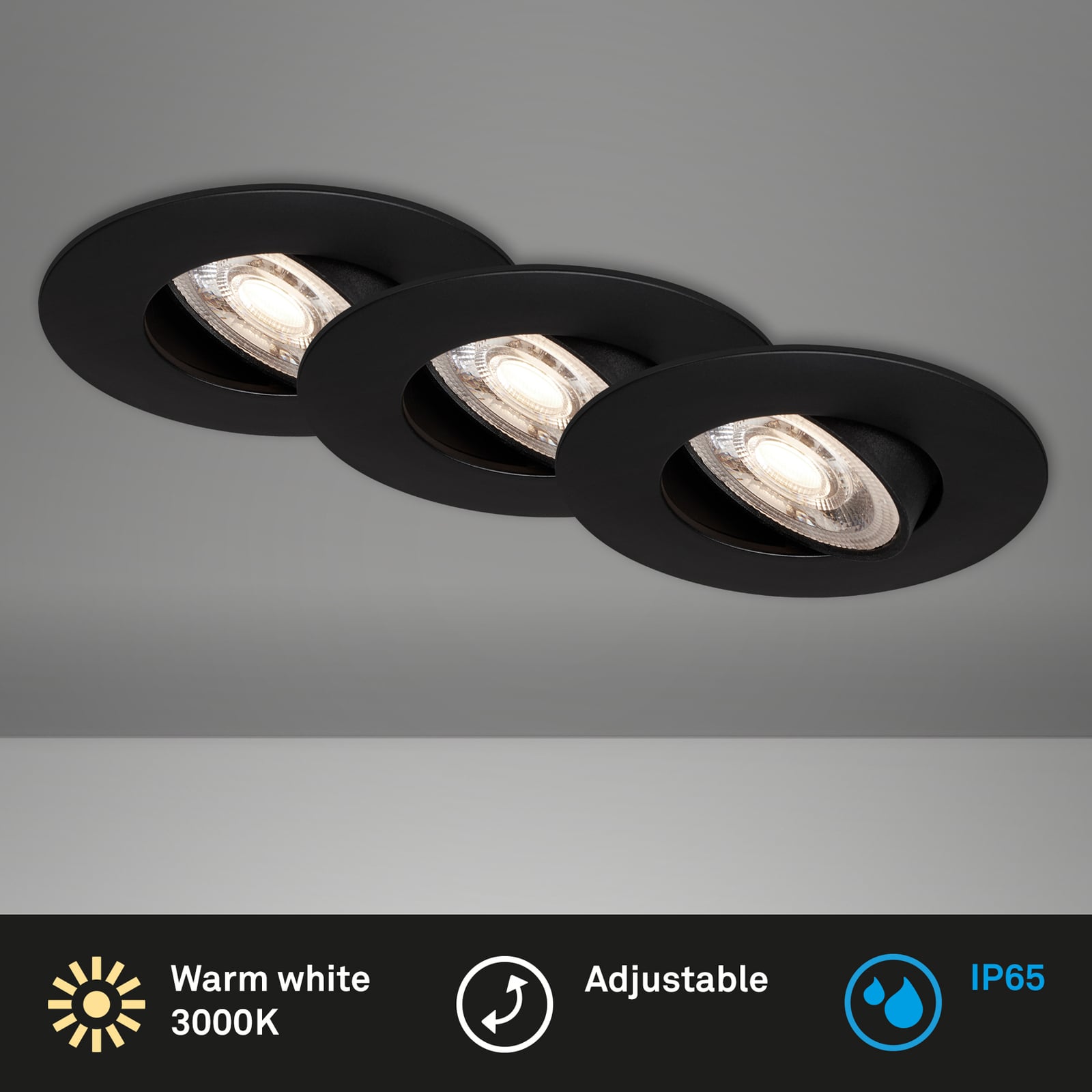 LED innbyggingsspot 7602 svart IP65 dimbar 3-pack 3000K montert