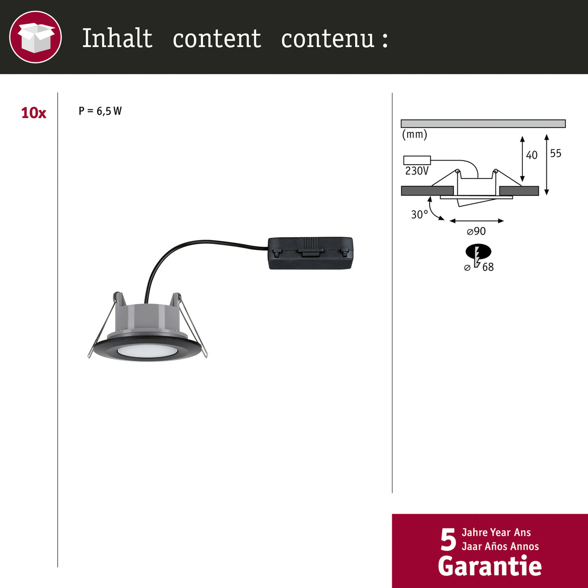 LED innbyggingsspot Calla 10-pk svart svingbar 4000K IP65 med tilkoblingsbokser