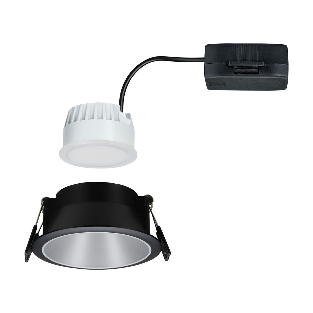 Nærbilde av LED innbyggingsspot Cole dimbar sølv-svart IP44 Ø8,8 cm
