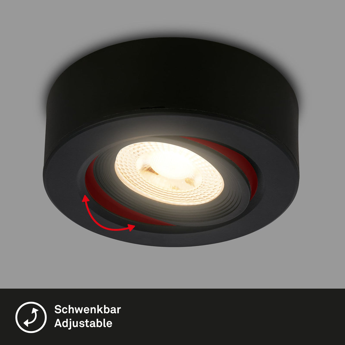LED innbyggingsspot Desi svingbar svart Ø9 cm 5W 3000K med lys på