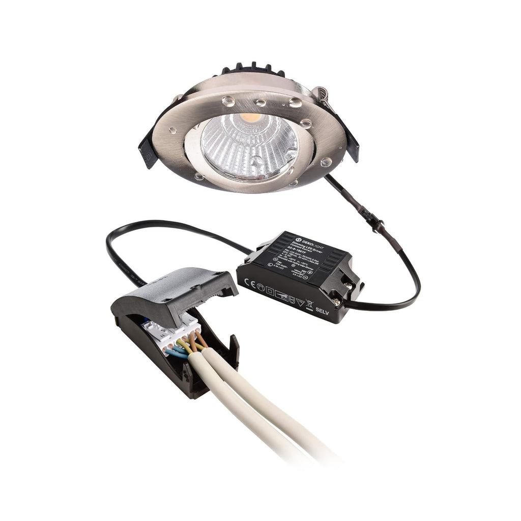 LED innbyggingsspot Dione dimbar nikkel IP44 4000K 8,5W med tilkoblingsboks