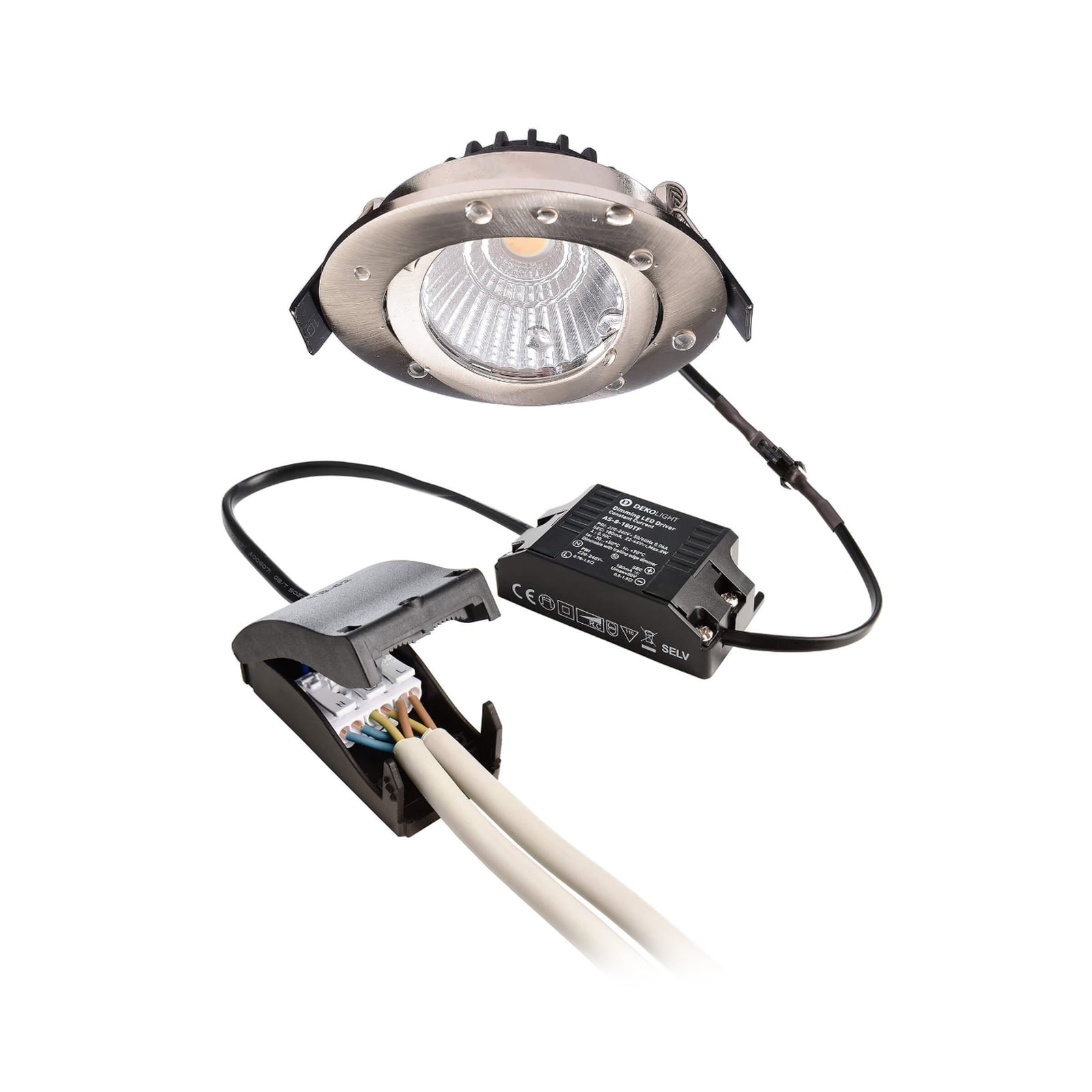 LED innbyggingsspot Dione dimbar nikkel IP44 4000K 8,5W med tilkoblingsboks