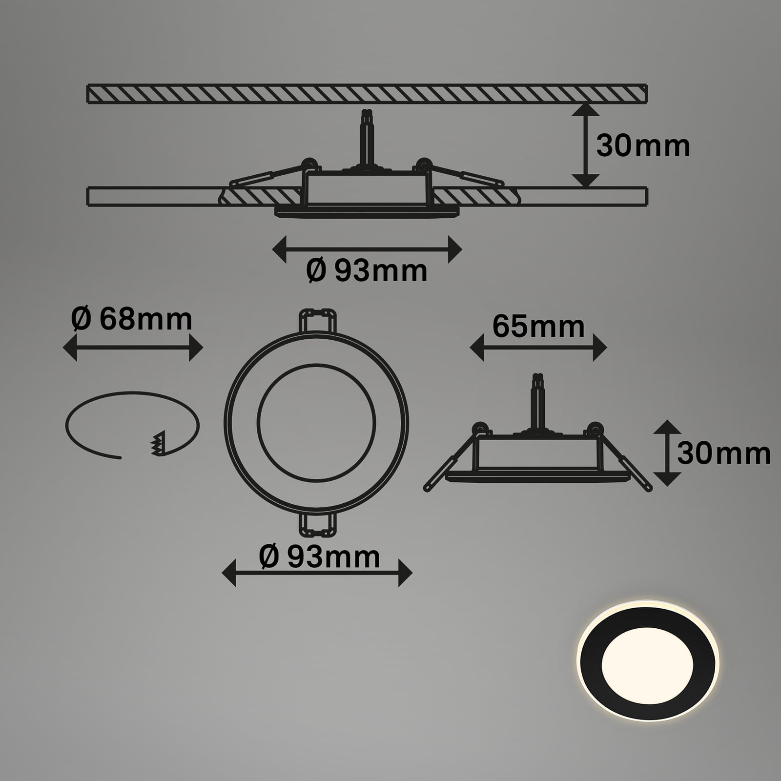LED innbyggingsspot Gima 3-pk svart dimbar 3000K montert