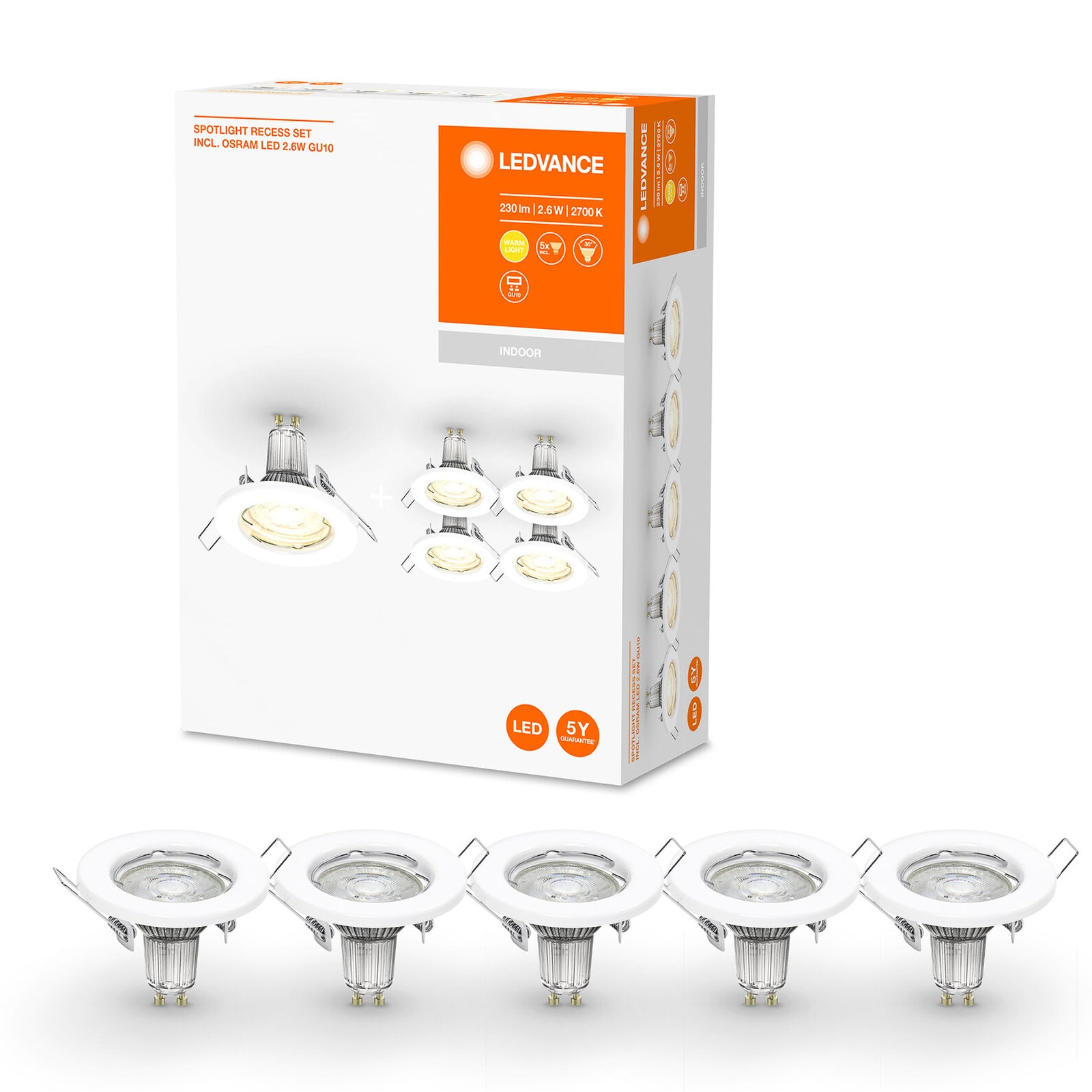 LED innbyggingsspot GU10 5-pack stål hvit Ø8 cm detalj