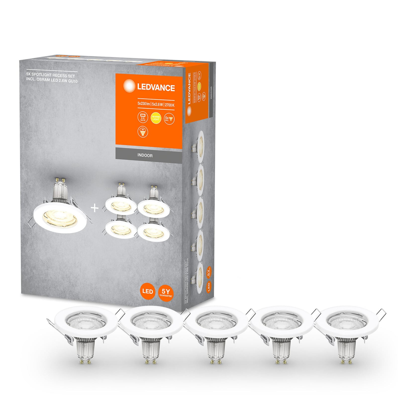 LED innbyggingsspot GU10 5-pack stål hvit Ø8 cm montert
