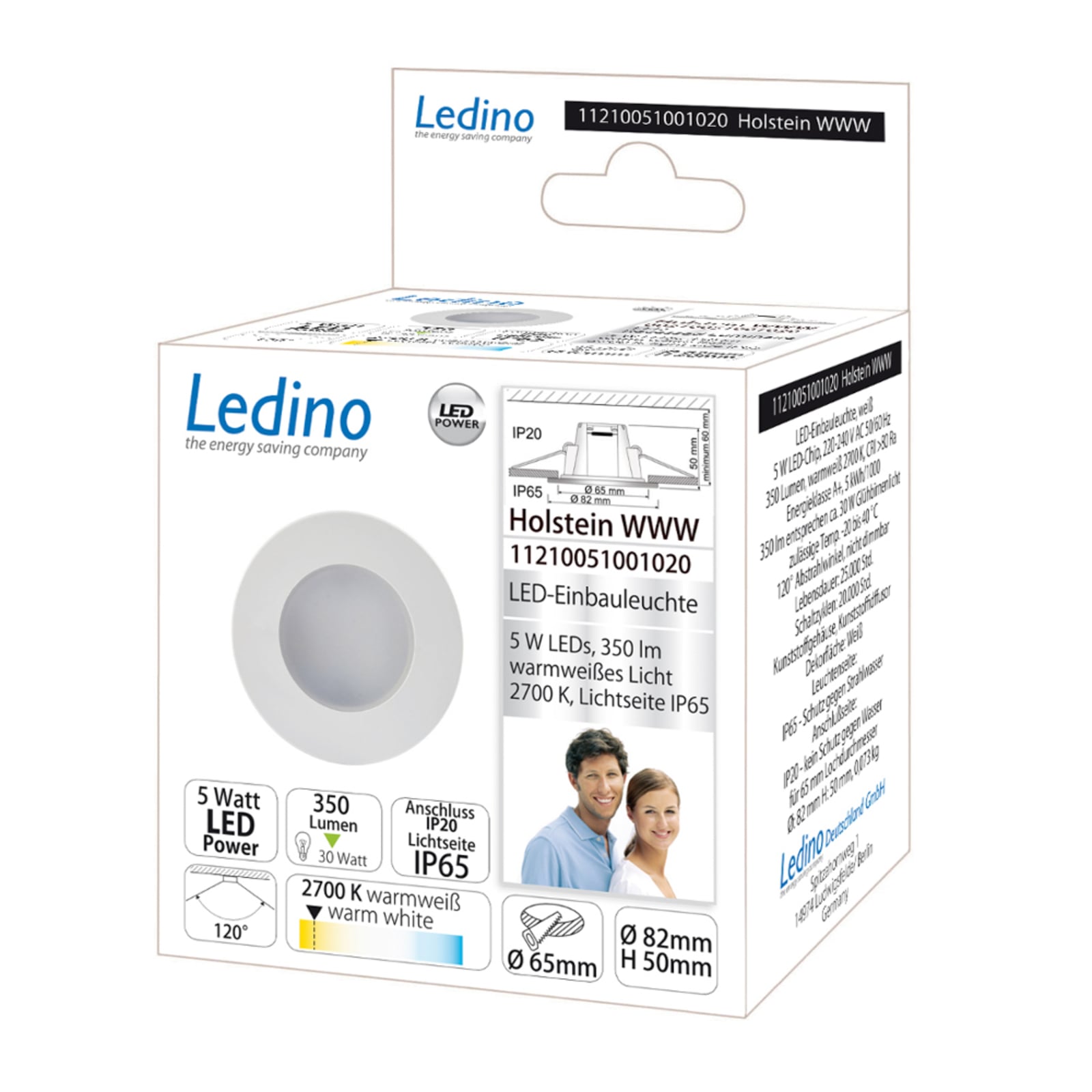 LED innbyggingsspot Holstein rund hvit IP65 5W 2700K detalj nærbilde