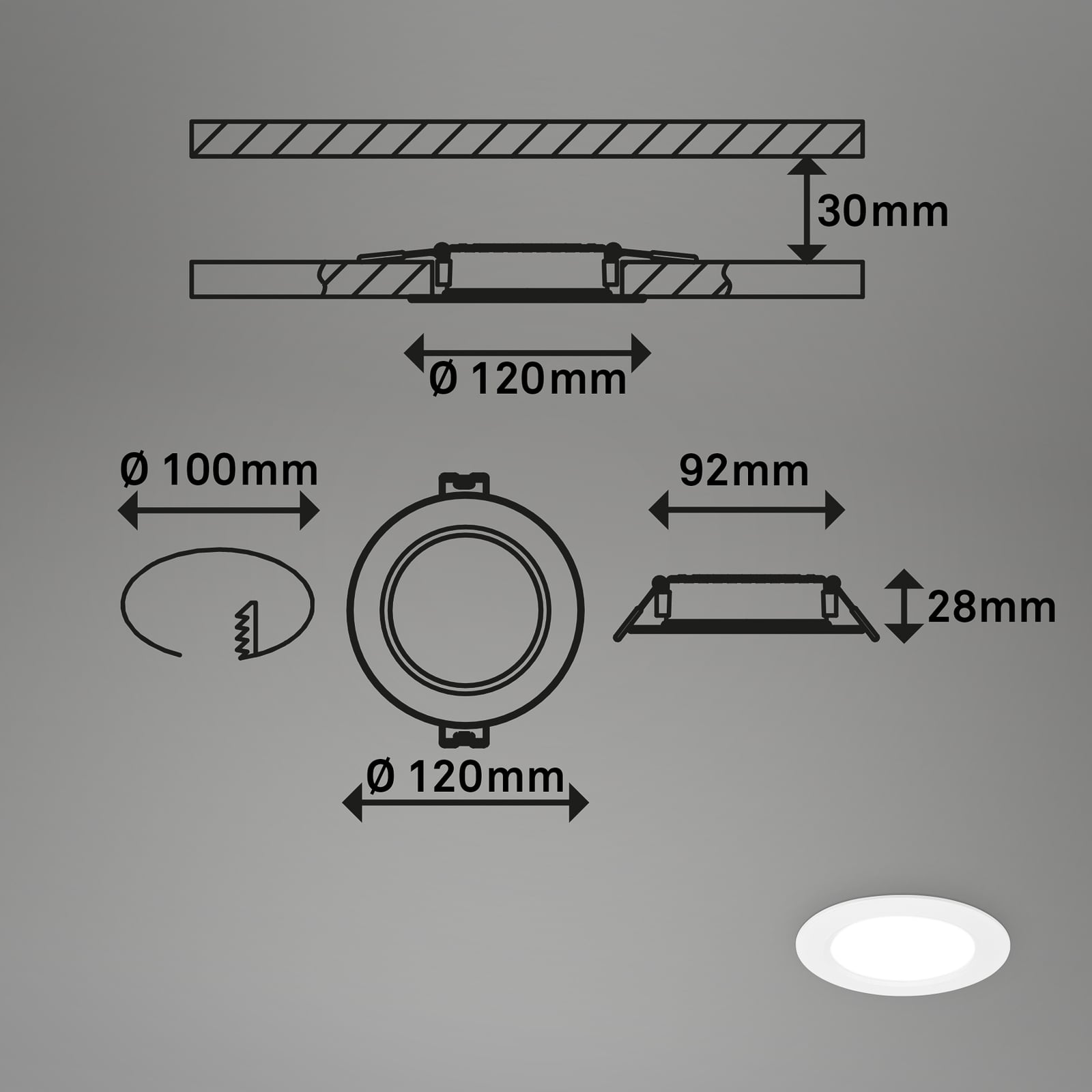 LED innbyggingsspot Jeft hvit Ø12 cm 3-pack montert i tak