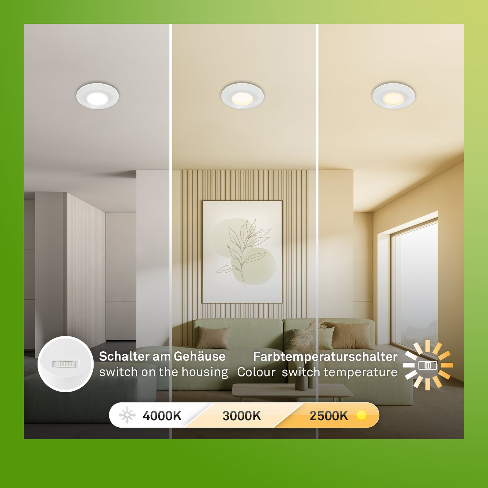 LED innbyggingsspot Klira hvit Ø9 cm IP44 CCT 3-pk i bruk på bad