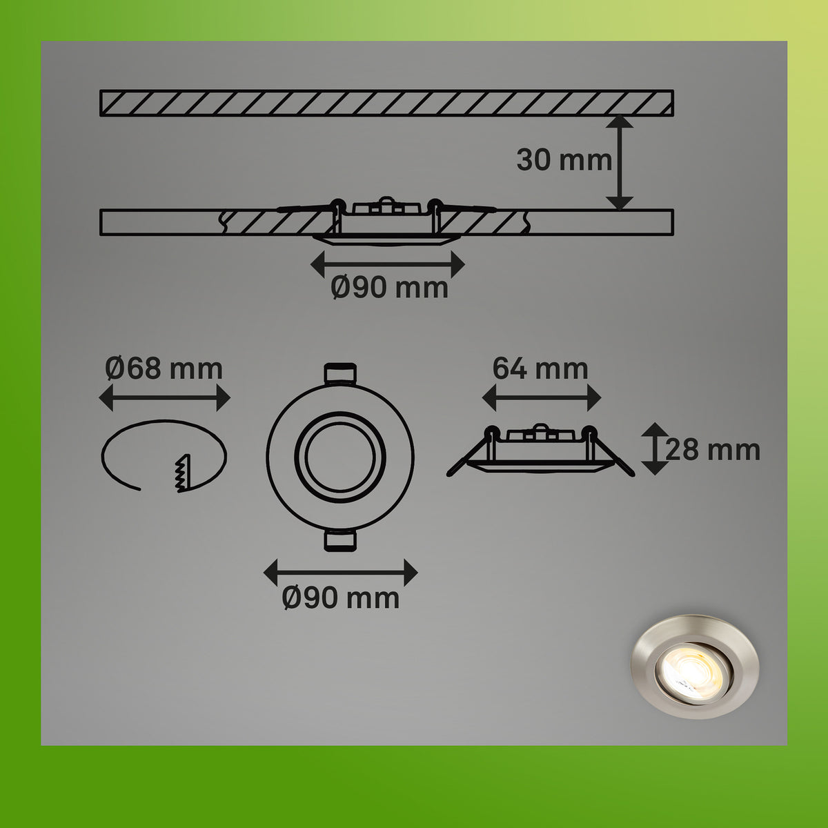 LED innbyggingsspot Klira matt nikkel svingbar dimbar CCT 3-pack montert i tak
