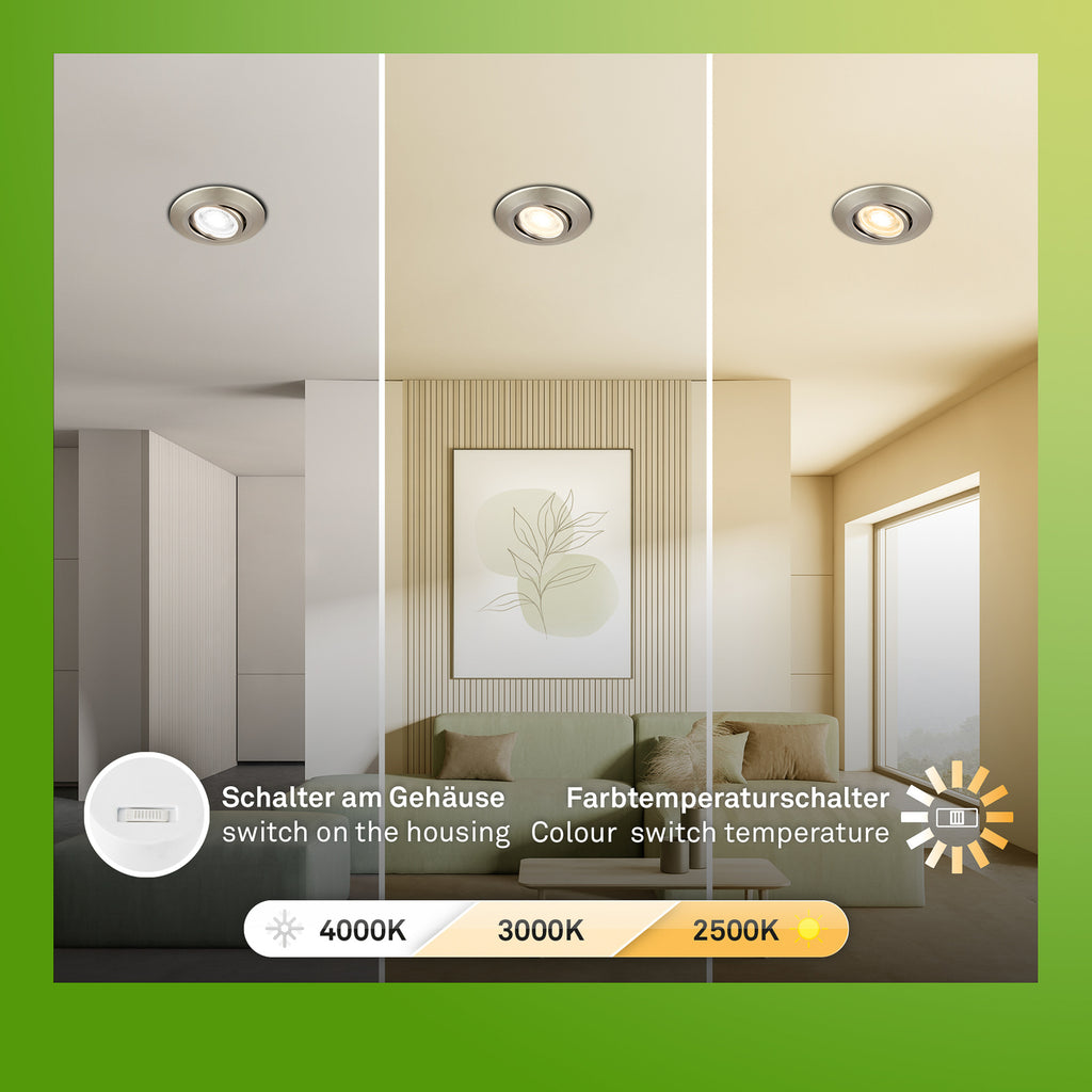 LED innbyggingsspot Klira matt nikkel svingbar dimbar CCT 3-pack med lys justert