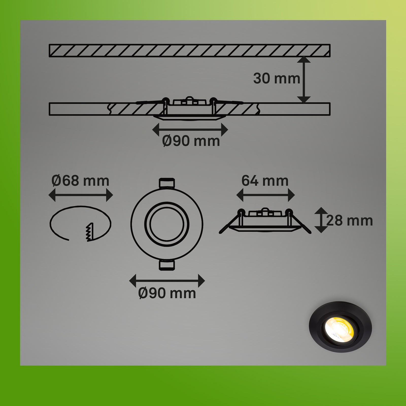 LED innbyggingsspot Klira svart svingbar CCT montert i tak