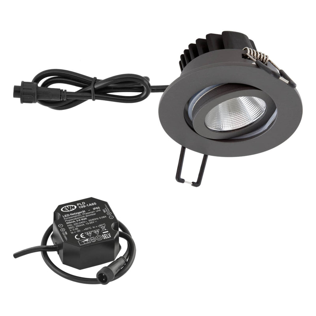 LED innbyggingsspot PC65 rund dimbar antrasitt IP65 bakside
