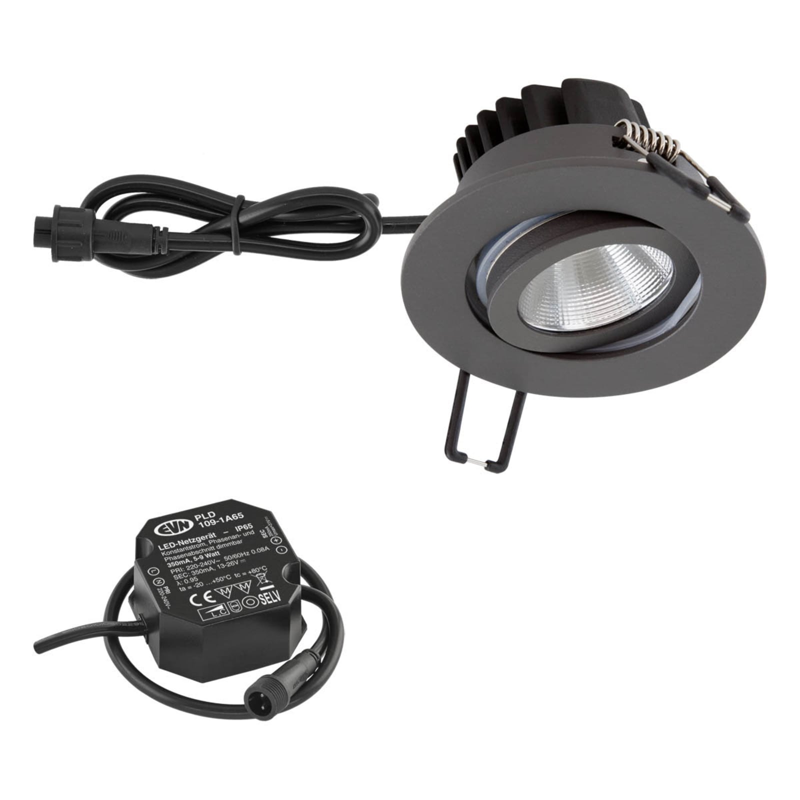 LED innbyggingsspot PC65 rund dimbar antrasitt IP65 bakside