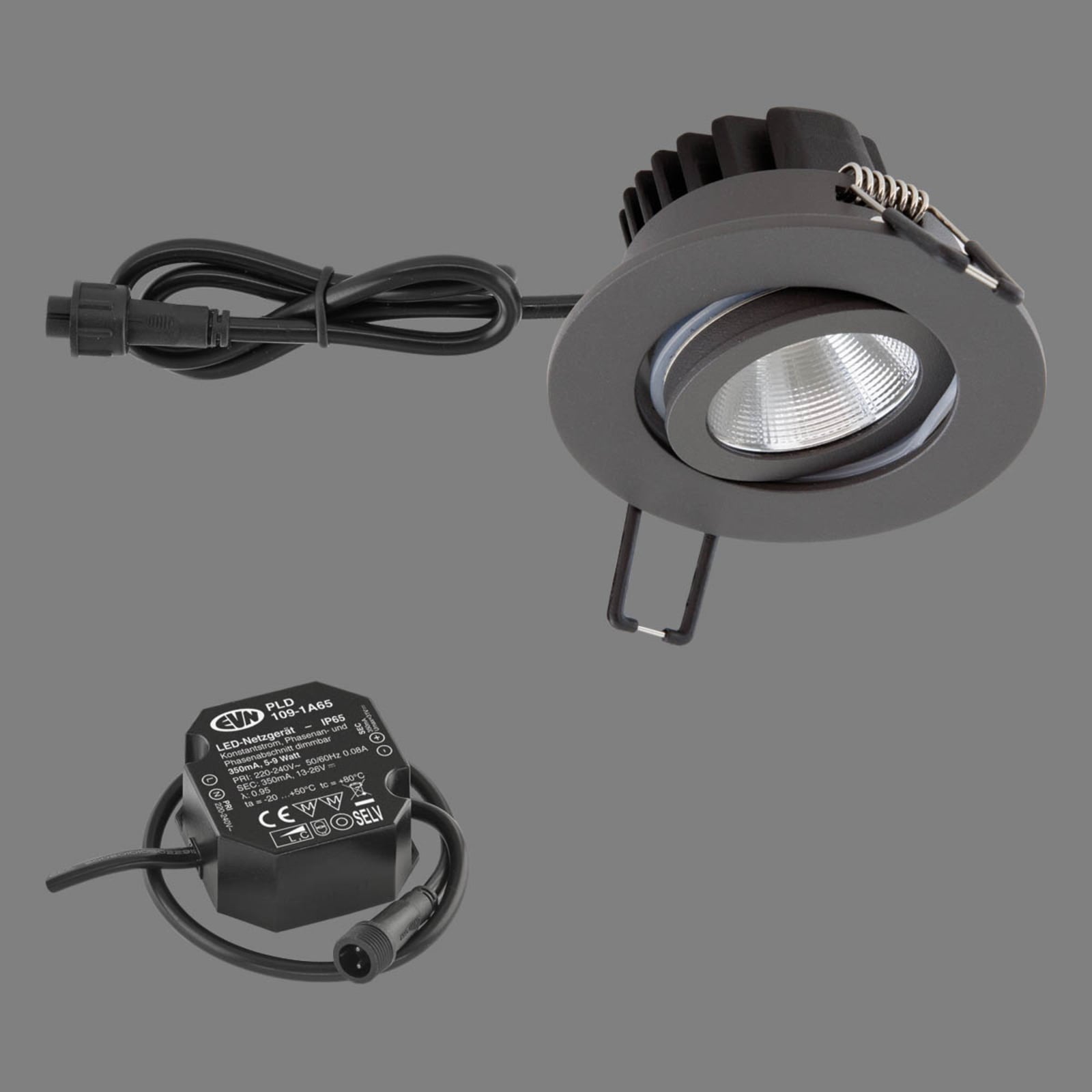 Detaljbilde av LED innbyggingsspot PC65 rund dimbar antrasitt IP65
