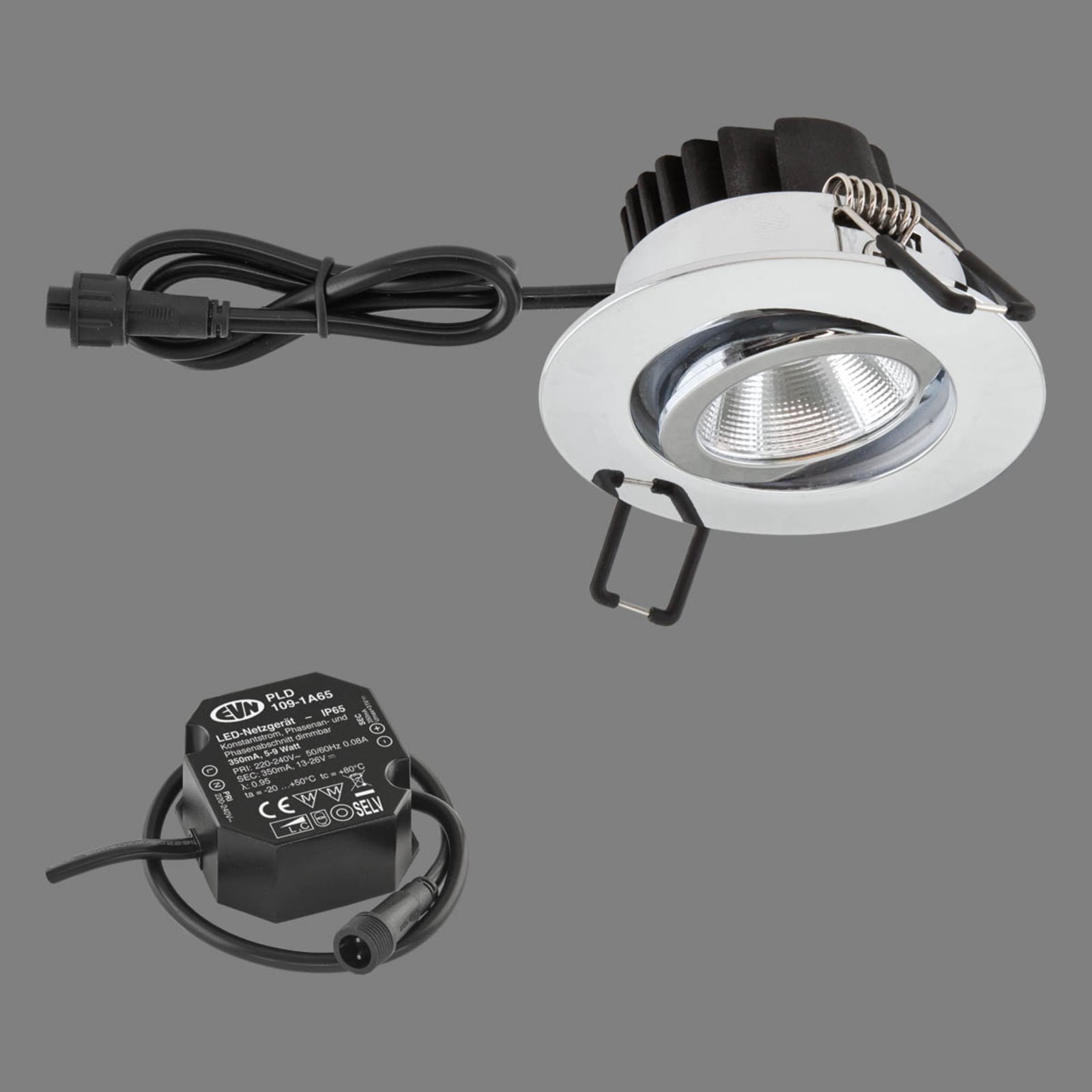 Bakside av LED innbyggingsspot PC65 rund dimbar krom IP65 - EVN