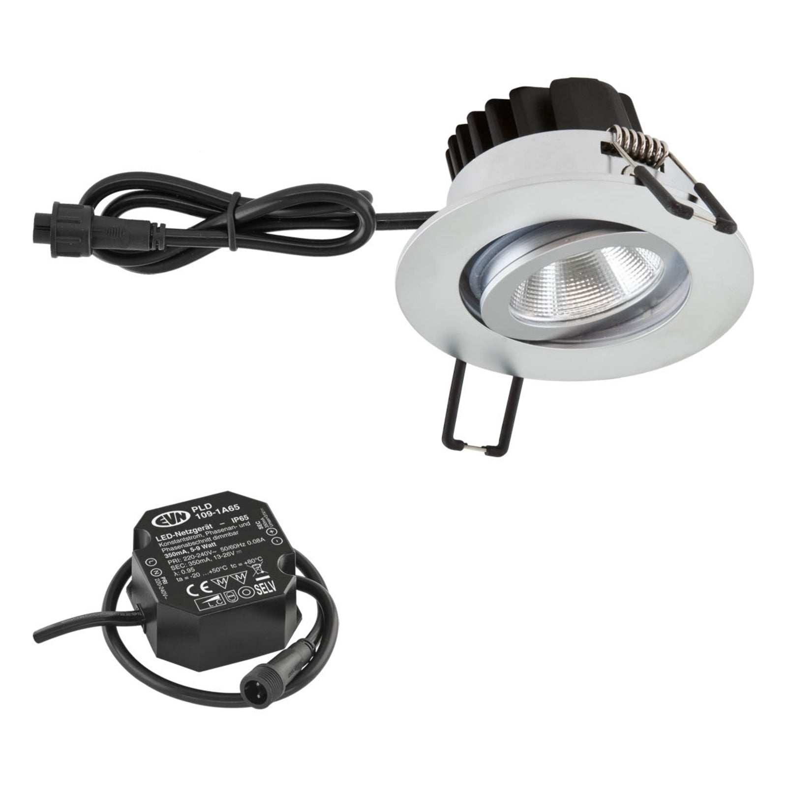 Bakside av LED innbyggingsspot PC65 rund dimbar matt krom