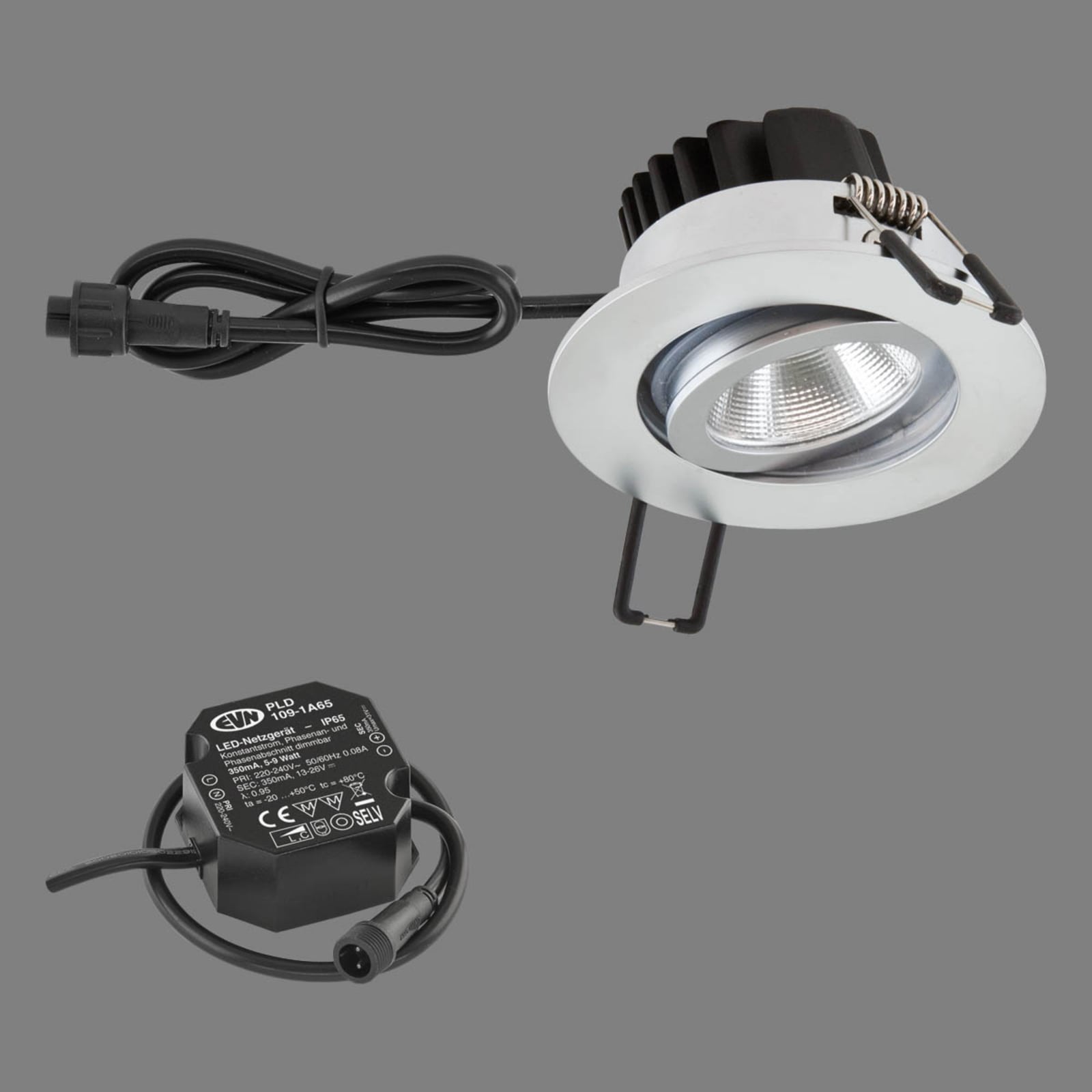 Detaljbilde av LED innbyggingsspot PC65 rund dimbar matt krom