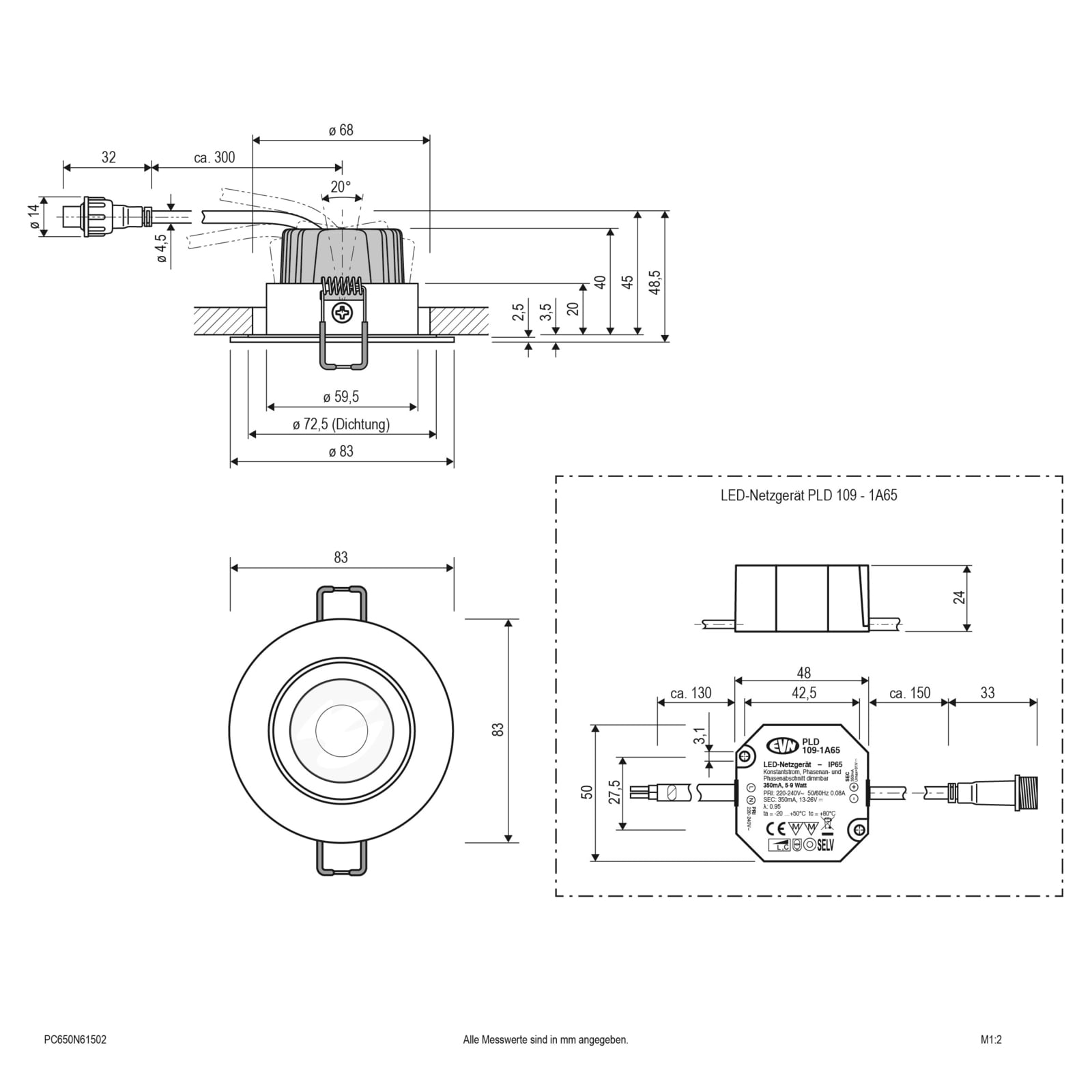 LED innbyggingsspot PC65 rund dimbar matt krom fra fronten