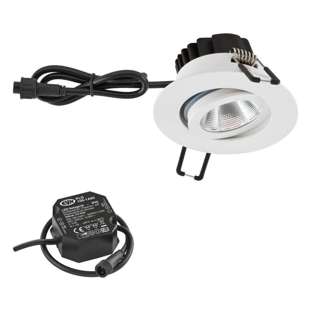 LED innbyggingsspot PC65 svingbar dimbar hvit forfra