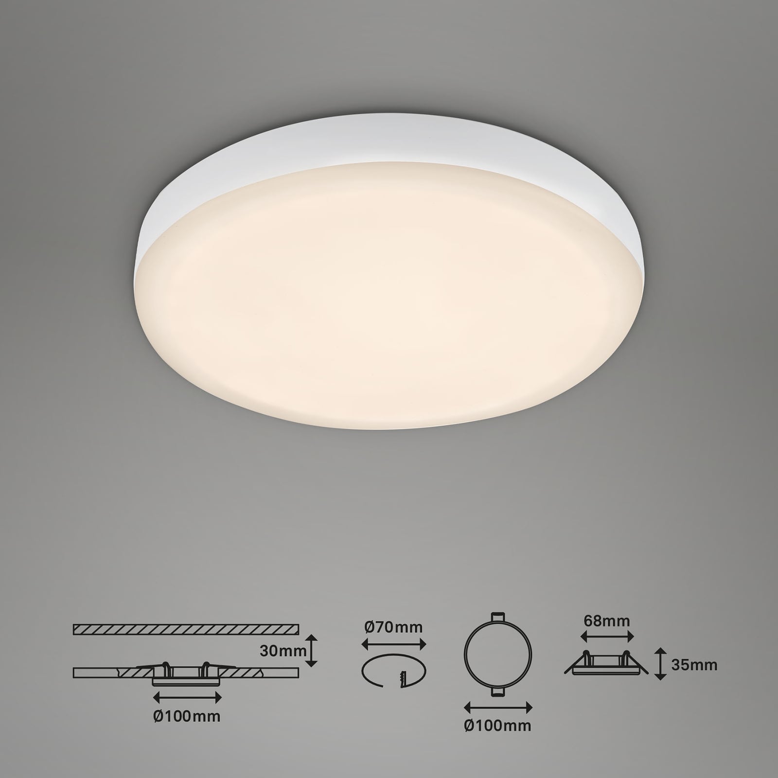 Montert LED innbyggingsspot Plat hvit Ø10 cm 6W 3000K IP44 Briloner