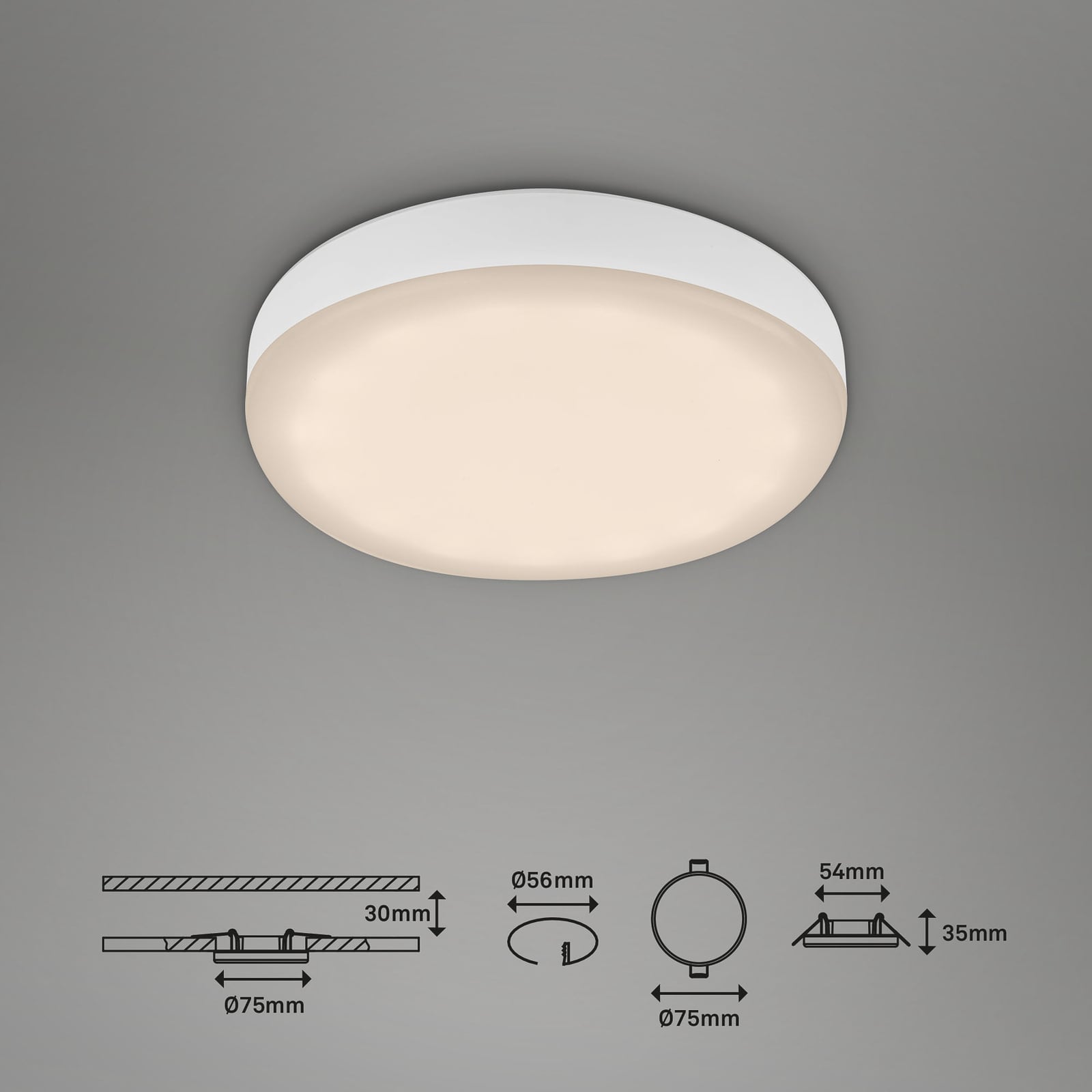 LED innbyggingsspot Plat hvit Ø7,5 cm IP44 3000K nærbilde
