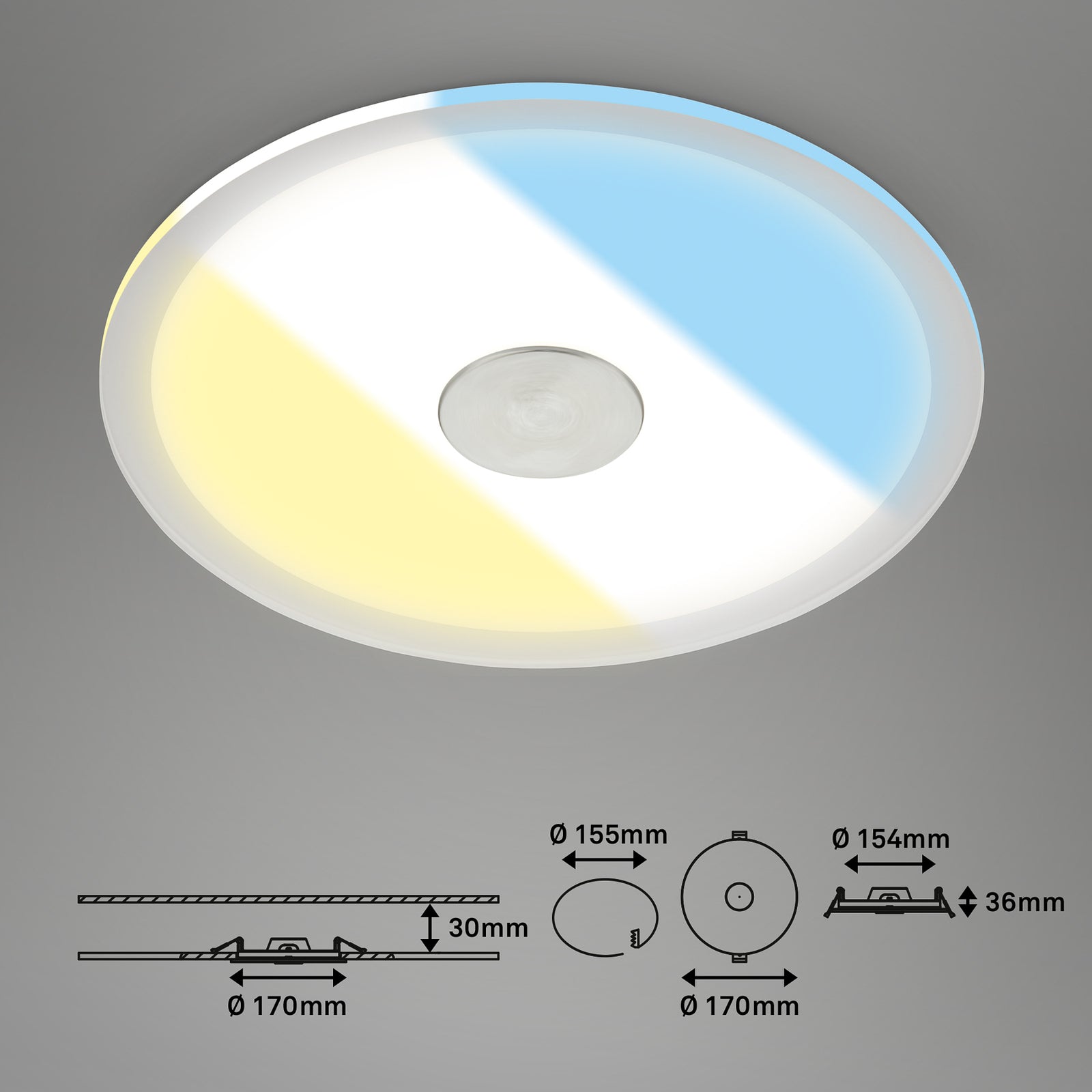 LED innbyggingsspot rund aluminium Ø17 cm 12W IP44 CCT Briloner detalj