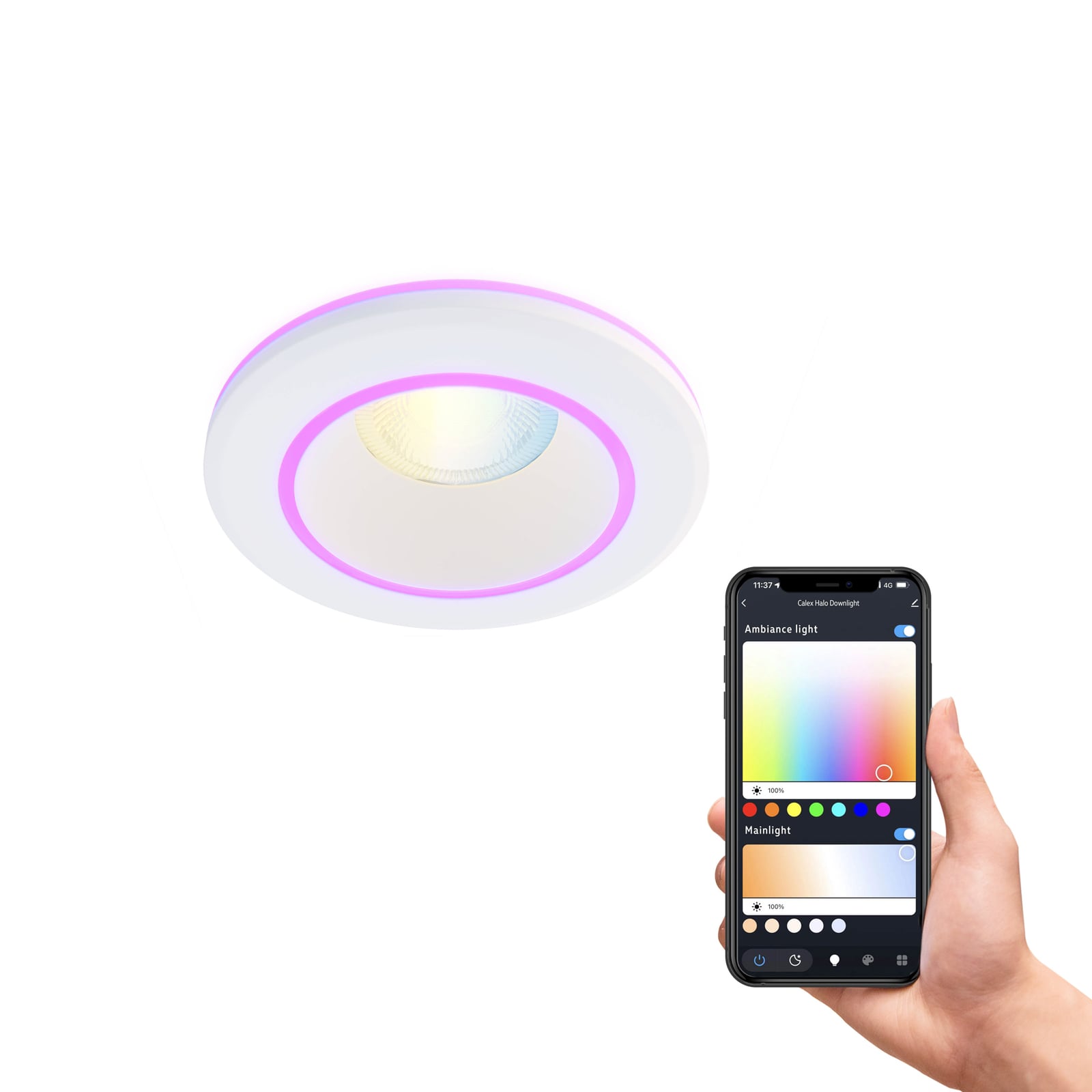 LED innbyggingsspot Smart Halo CCT RGB dimbar IP44 hvit montert i tak