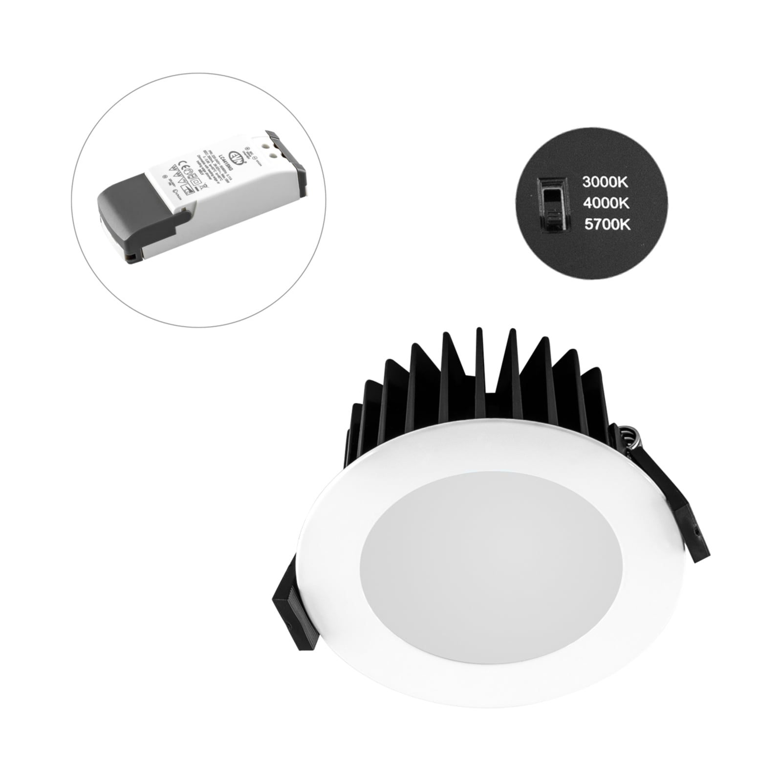 Bakside av LED innbyggingsspot Solido85 dimbar CCT IP44 hvit Ø10 cm