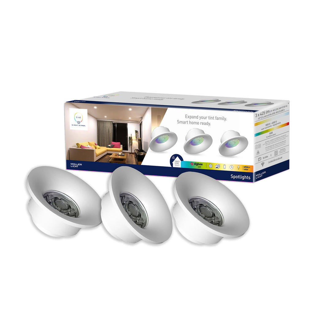 Nærbilde av lys LED innbyggingsspot Spotlight 3-pk RGB dimbar Zigbee hvit - tint
