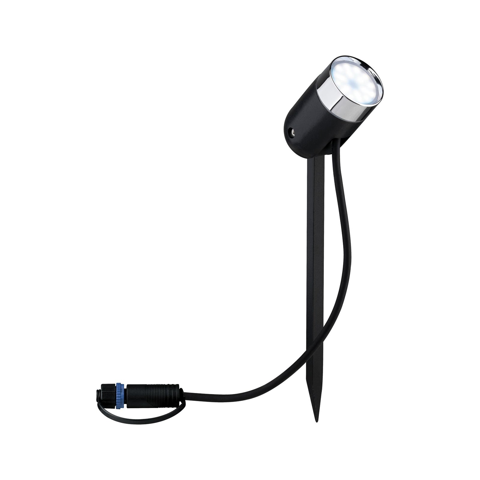 LED jordspydspot Pike RGBW Zigbee antrasitt IP65 dimbar i bruk med appstyring
