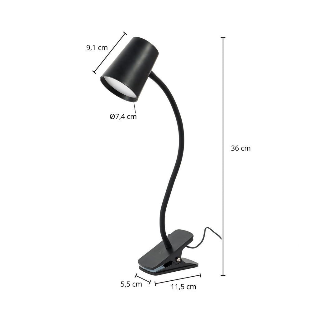 LED klemmelampe Ailina dimbar svart 5W varmhvit detalj av klemme